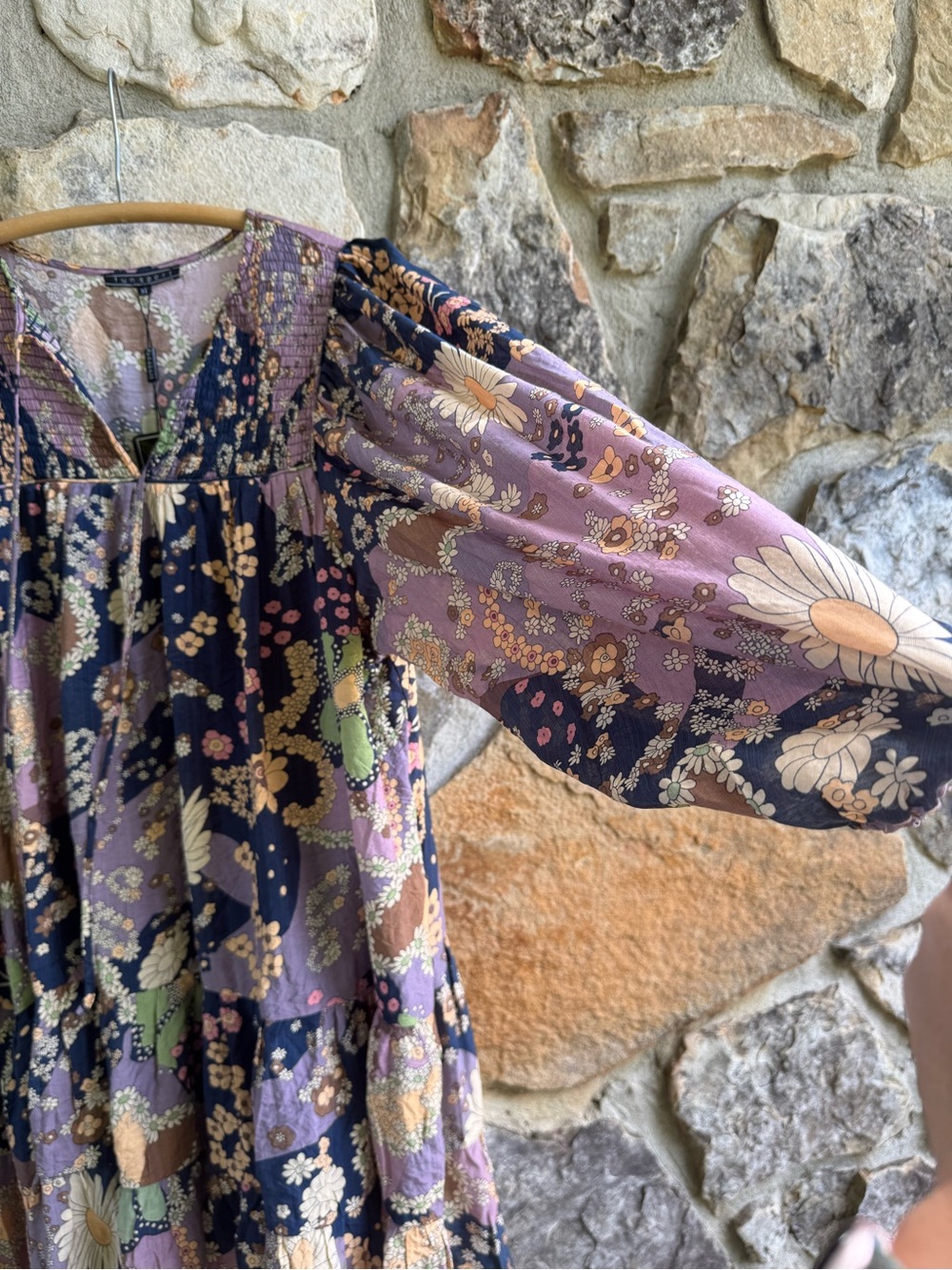 Retro 70s Print Navy & Lavender Floral Smocked Tiered Long-Sleeve Dress XL Boho - Picture 8 of 15